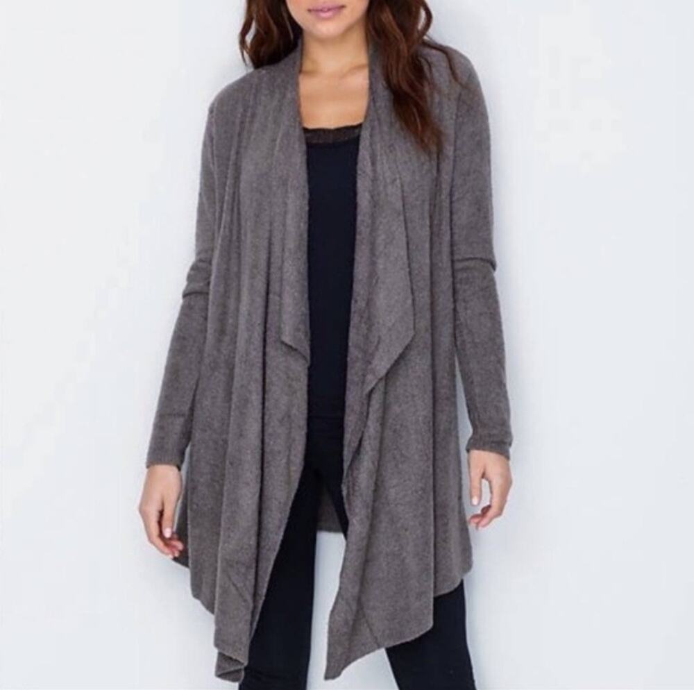 Barefoot Dreams CozyChic Lite Charcoal Gray Waterfall Drape Cardigan EUC S/M 436